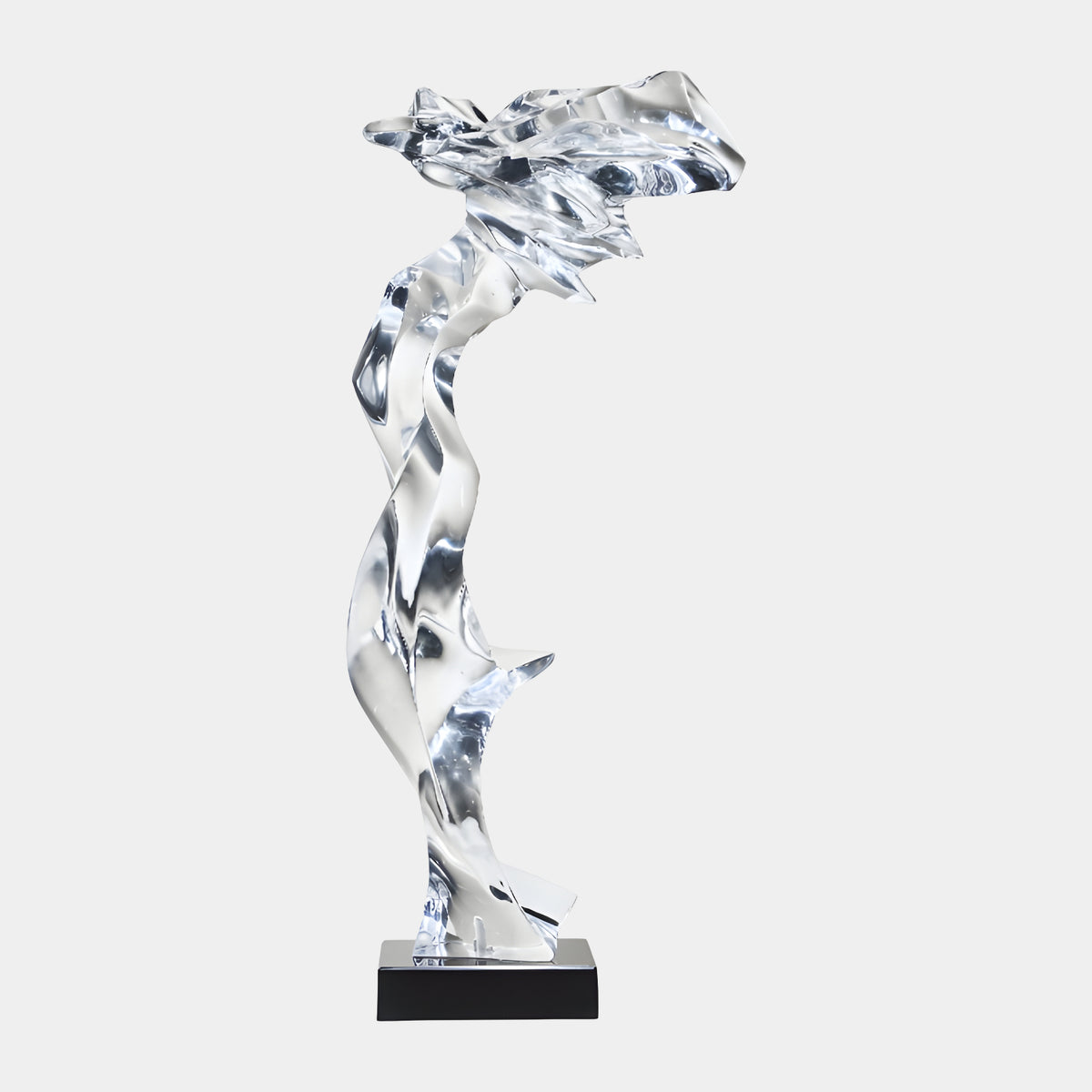 Clear Windblown Figure Resin Sculpture, 112cm, twisting abstract form with fin-like ridges on a black marble base, set against a plain white background.