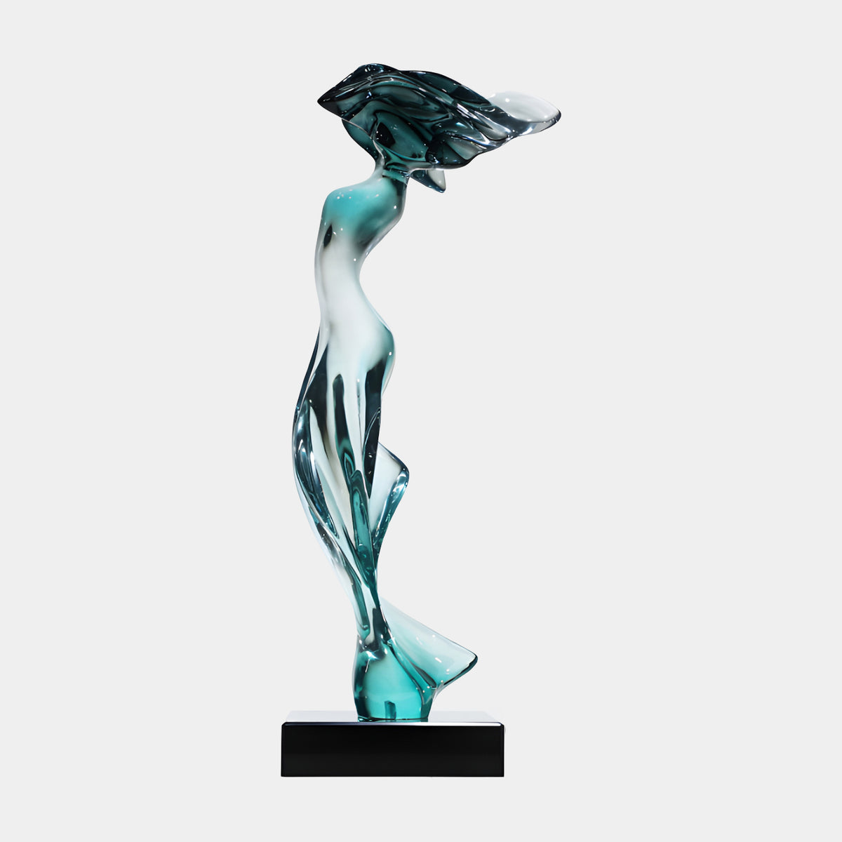 Teal & White Hatted Lady Figure Resin Sculpture, 82cm, a wide-brimmed figure swirled in teal and white resin on a black marble base, shown against a plain light background.