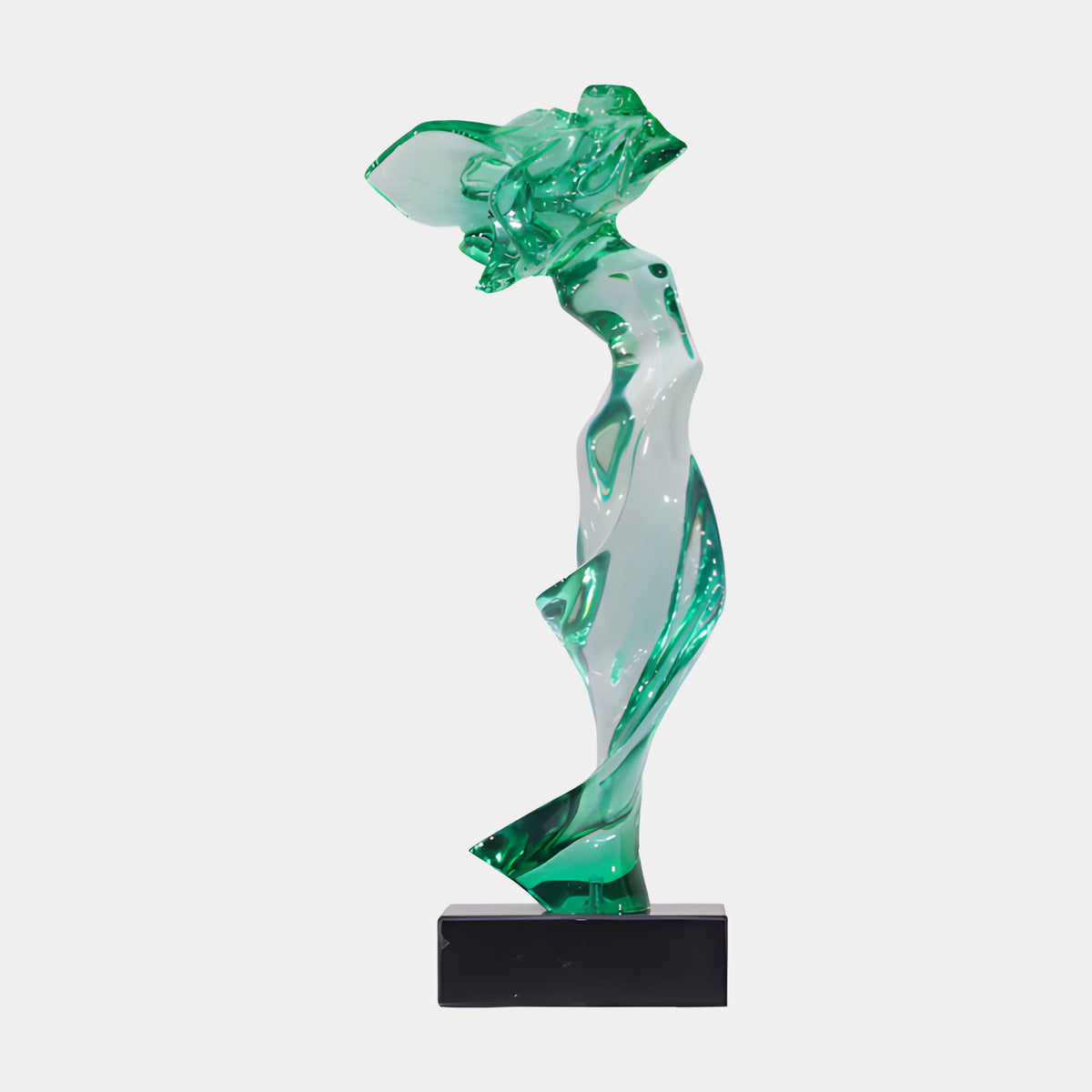 Emerald Green Windblown Figure Resin Sculpture, 62cm, with green crest and hem and clear waist on a black marble base, shown against a plain light background.