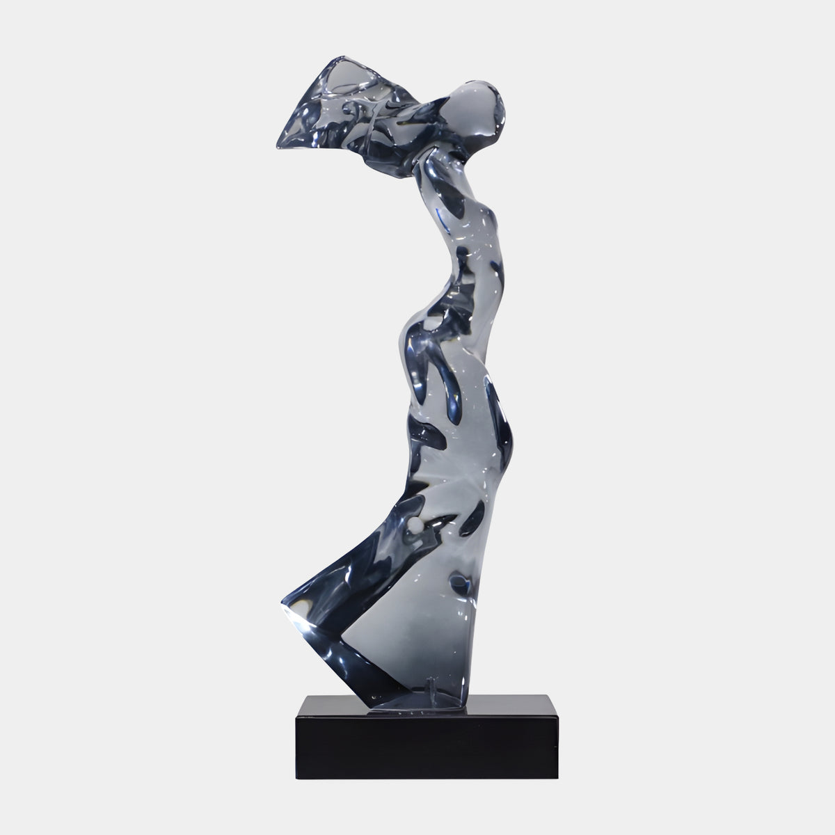 Smoke Black Windblown Figure Resin Sculpture - 68cm, a rippled S-shaped figure with flared crest and kicked-out skirt on a black marble base, set against a plain white background.