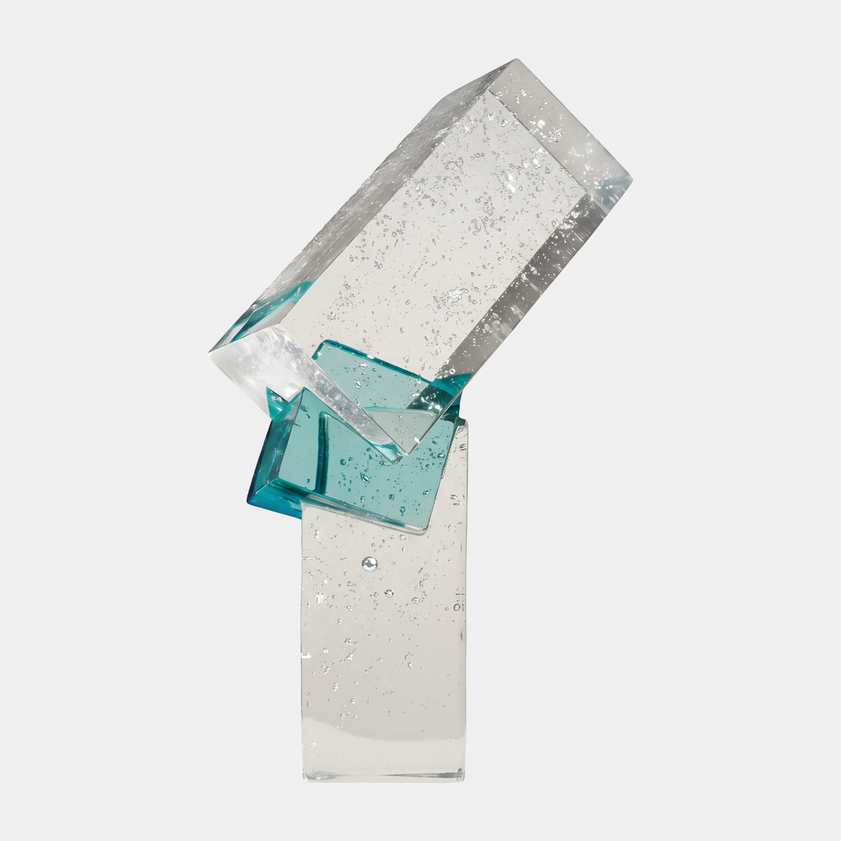Clear & Aqua Bubbled Block Stack Resin Sculpture, 47cm, with a bubble-filled clear block leaning on a thin aqua block atop a clear base, on a light background.
