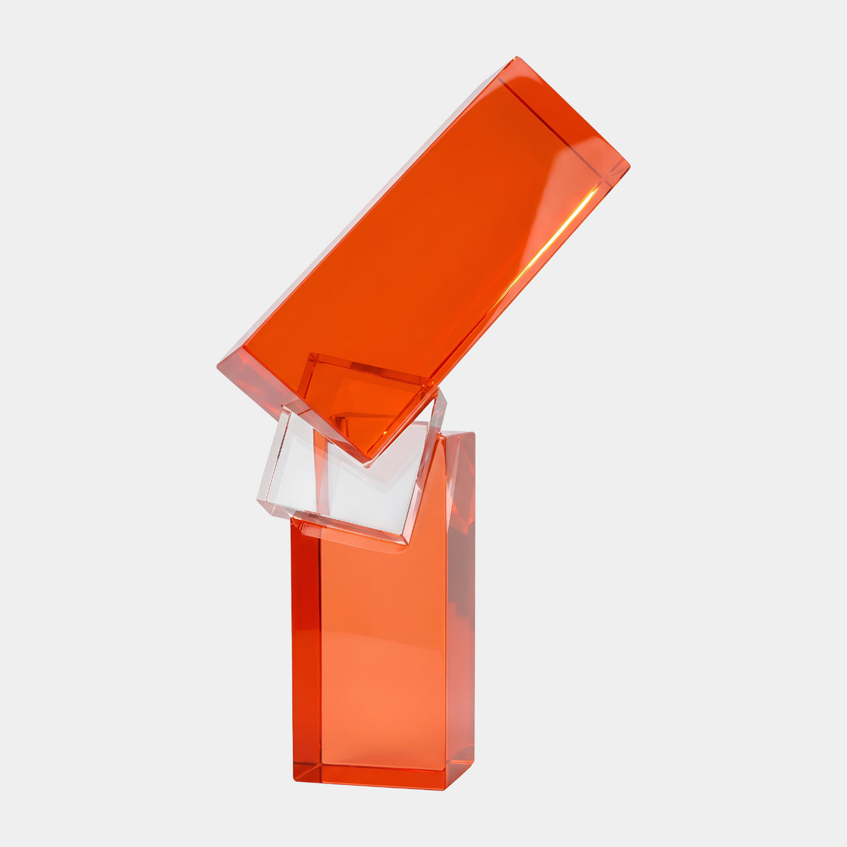 Orange & Clear Leaning Block Stack Resin Sculpture - 47cm, a tangerine block tilted atop a clear wedge and orange upright base, on a plain white background.