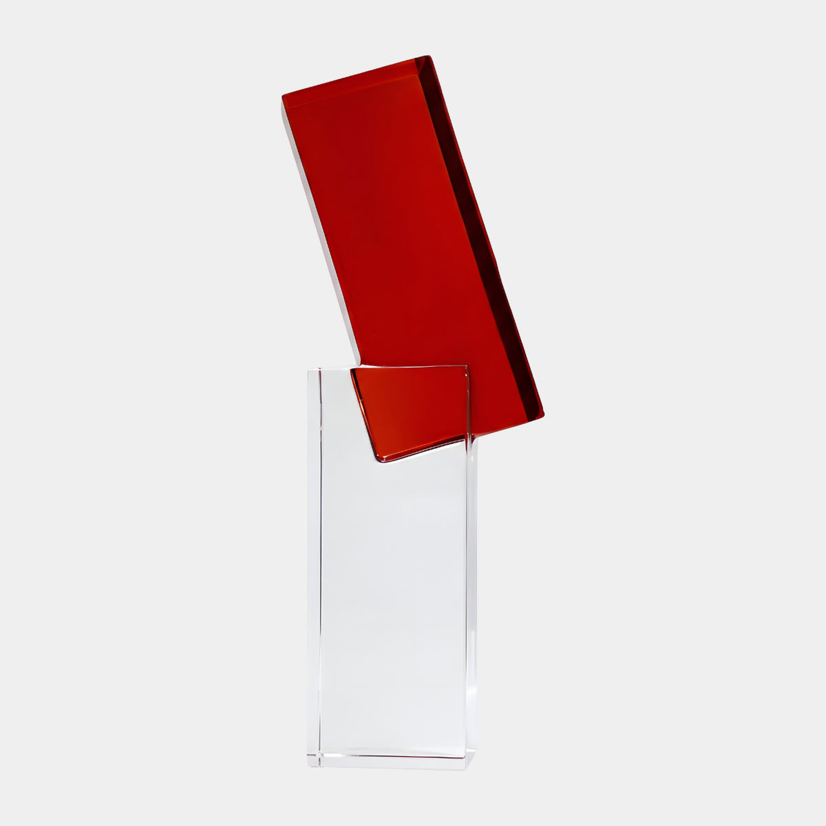 Red Leaning Slab on Clear Plinth Resin Sculpture - 53cm, a deep red flat plane angled atop a clear resin upright, shown against a plain white background.