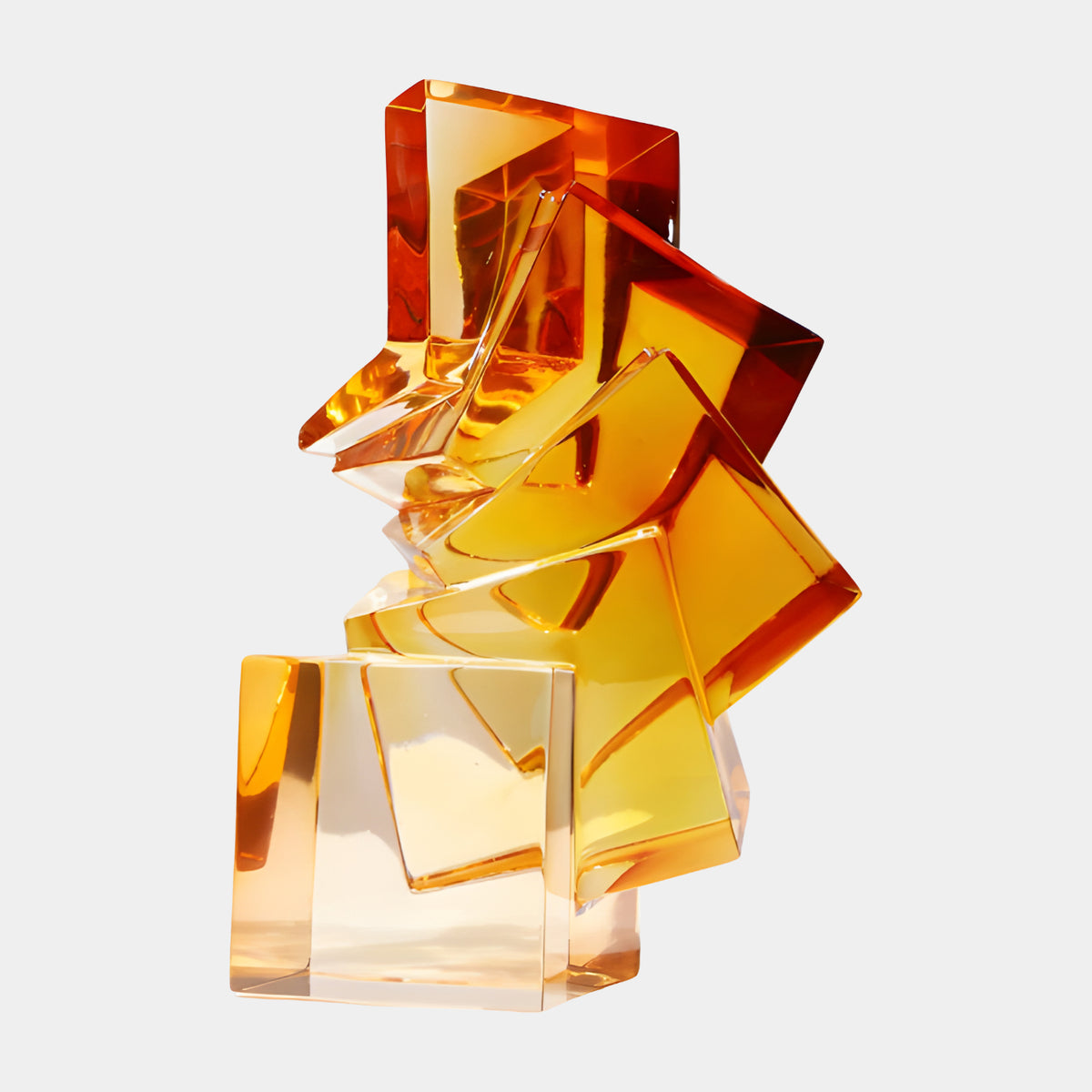 Amber Stacked Faceted Block Resin Sculpture - 34cm, four angled resin blocks shading from amber to yellow, resting on its lowest block against a plain white background.