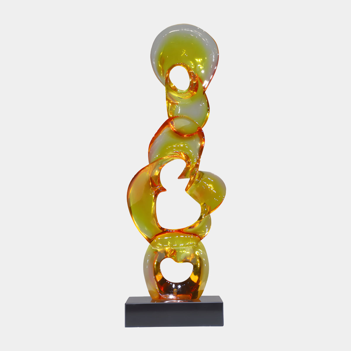Amber Linked Loop Column Resin Sculpture, 80cm, polished stacked loops shifting from yellow to orange on a black base, plain white background.