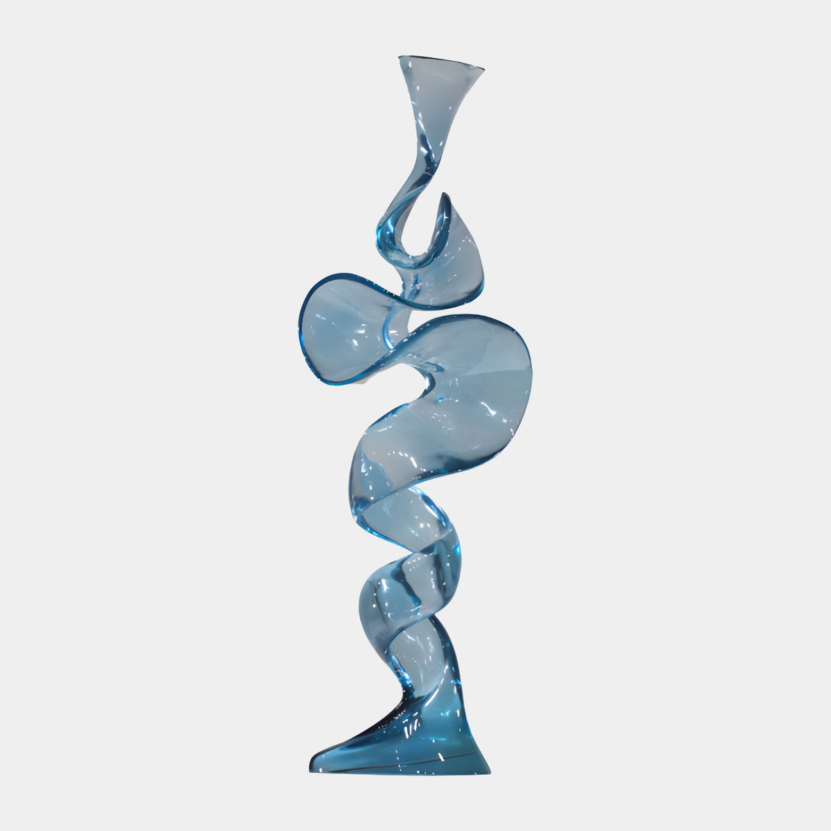 Clear Blue Wound Ribbon Curl Resin Sculpture - 110cm, four spiraling curls of translucent blue resin stacked vertically, base flaring into a foot, shown on a plain light grey background.