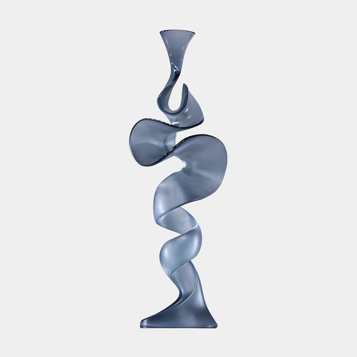Smoke Grey Wound Ribbon Curl Resin Sculpture (110cm) by Giant Sculptures, a spiraling ribbon-form on a flared base with satin grey finish, shown against a plain light background.