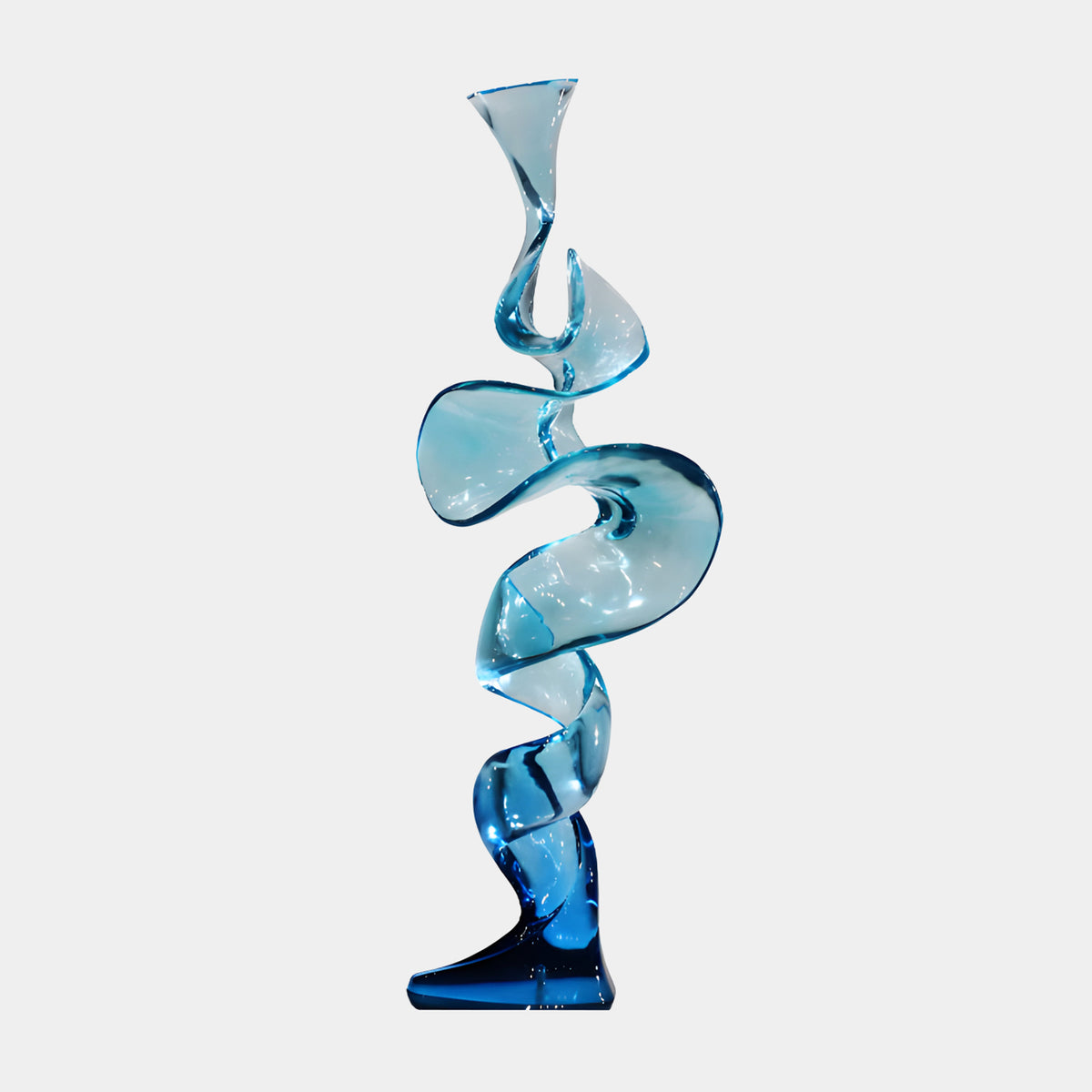 Blue Graded Wound Ribbon Curl Resin Sculpture, 110cm, a twisting ribbon form shifting from pale blue to deep cobalt, shown on a plain white background.