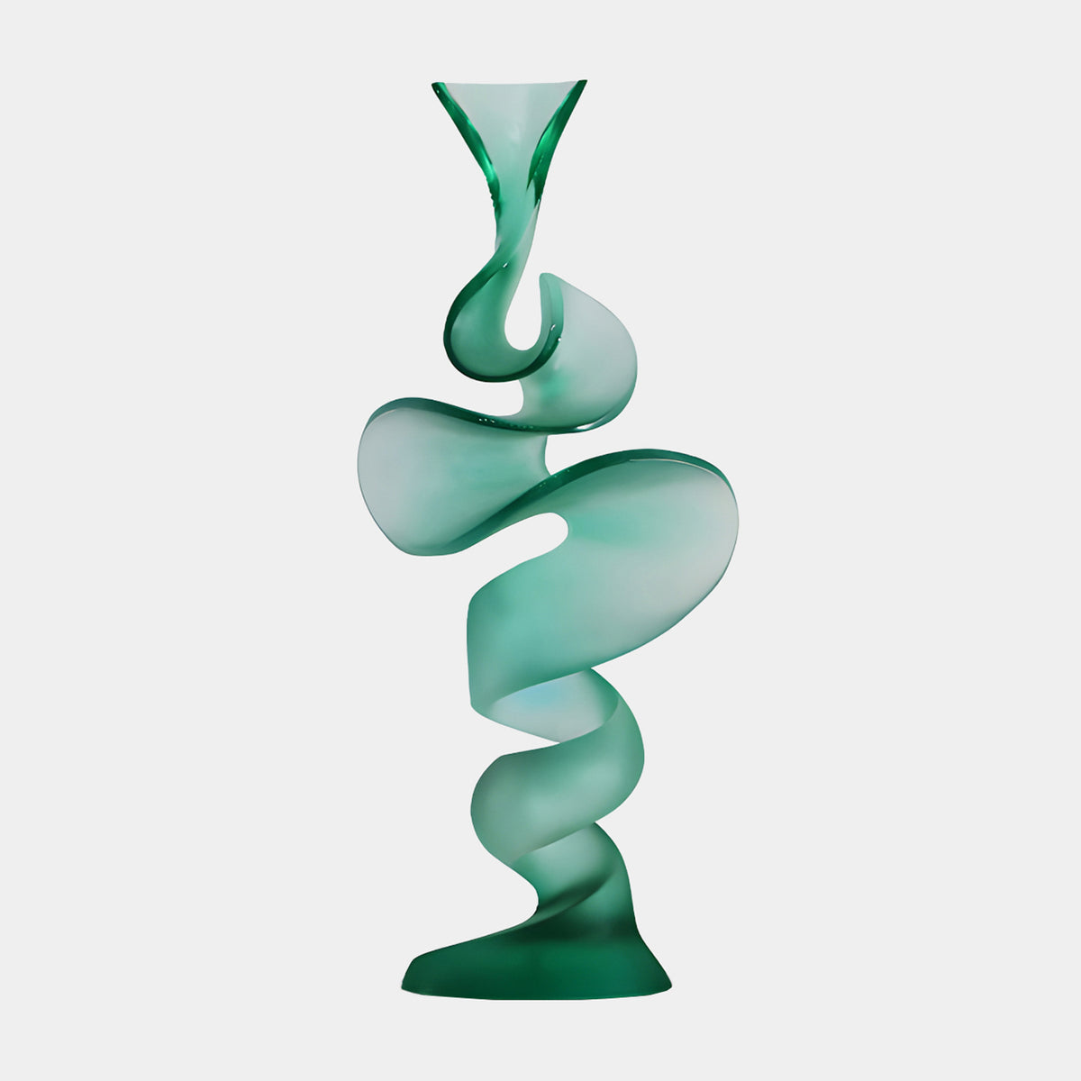 Frosted Green Spiral Ribbon Resin Sculpture, 122cm, twisting ribbon form opening into a flared mouth at top, on a plain white background.