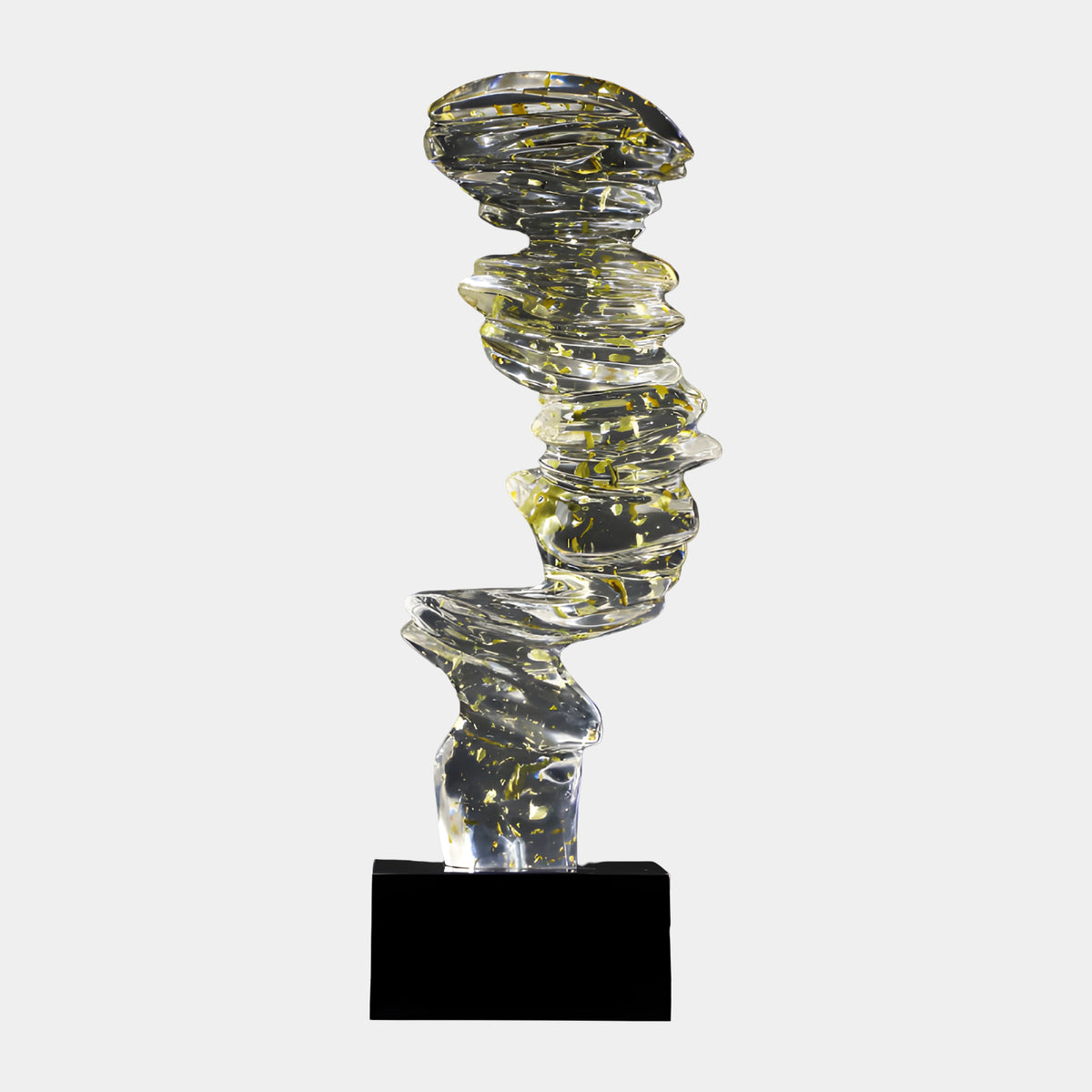 Clear & Gold Leaf Spiral Resin Sculpture - 76cm, twisting clear resin form with gold flakes on a black marble base, plain grey background.