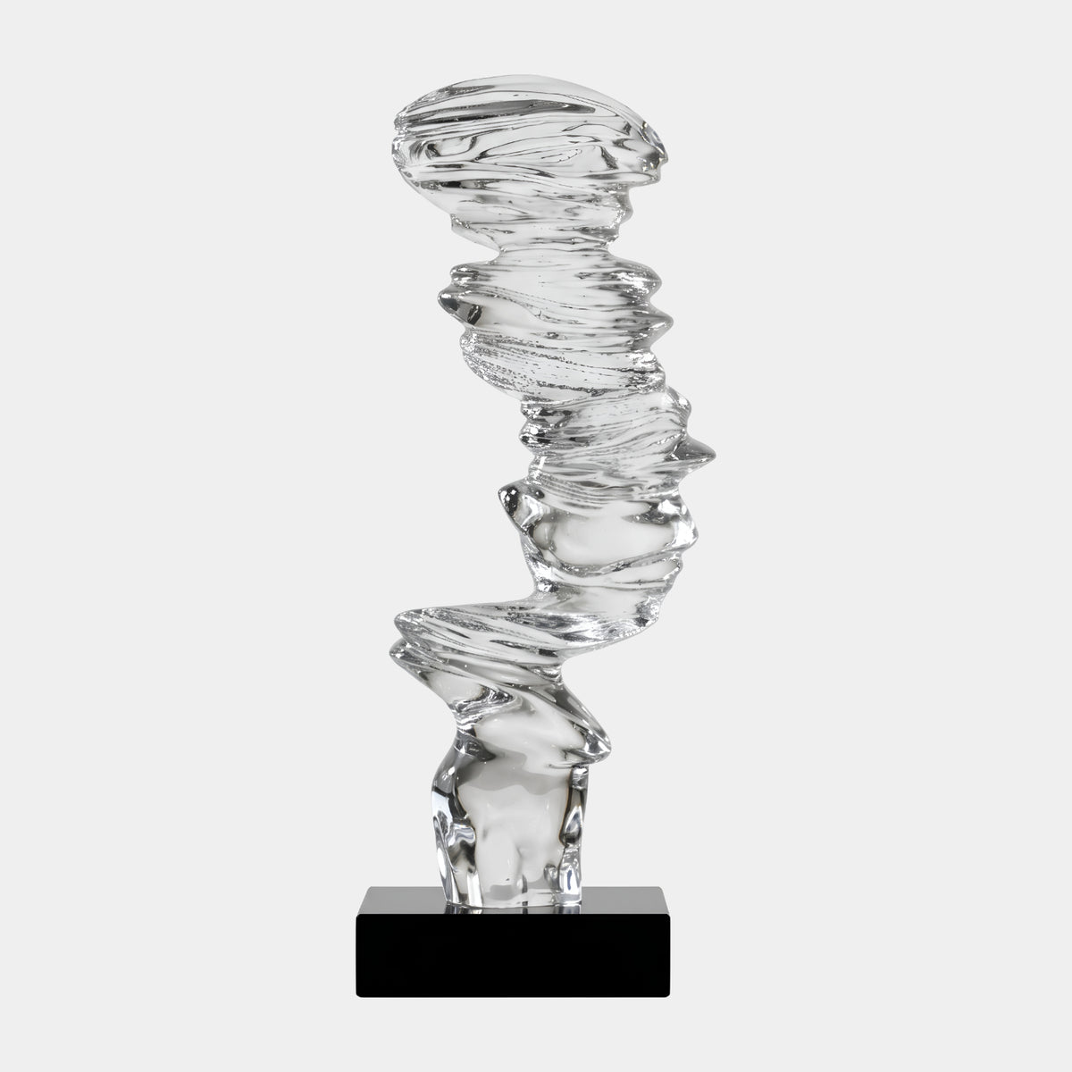 Clear Rippled Spiral Resin Sculpture - 76cm by Giant Sculptures, twisted clear resin spiral on a black marble base, shown against a plain white background.