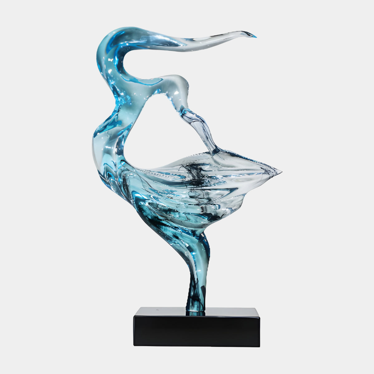Teal Marbled Dancing Figure Resin Sculpture, 69cm, mid-turn pose with teal and black marbling, on a black block base, plain light background.