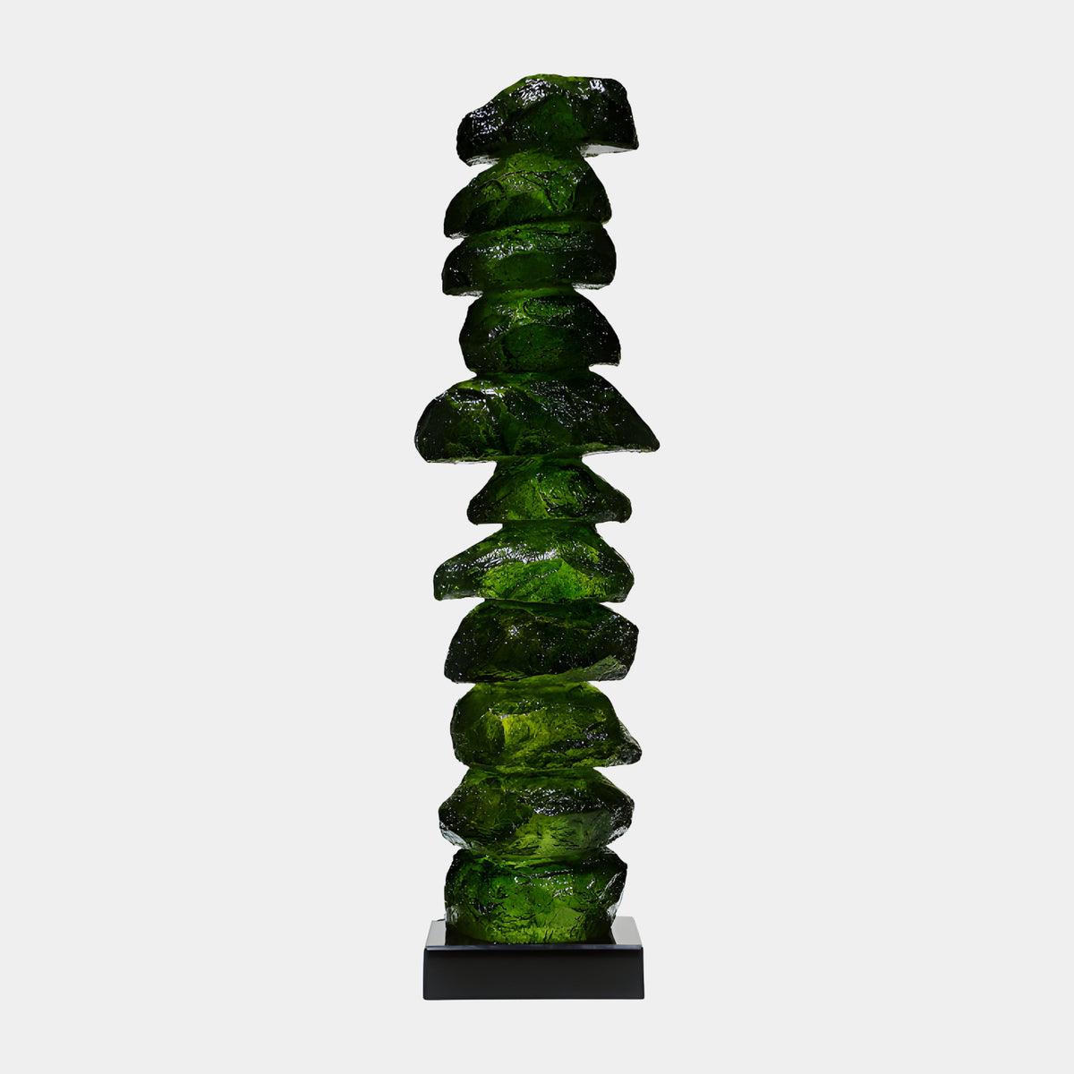 Green Stacked Rock Column Resin Sculpture, 106cm, eleven rough-edged stacked blocks on a black stone base, set against a plain white background.