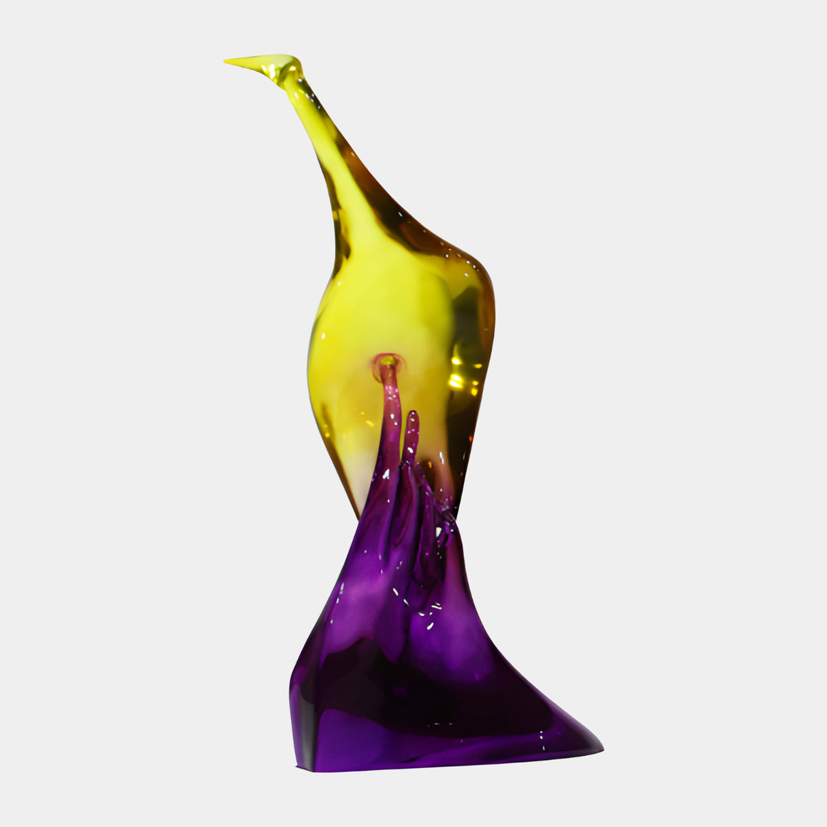 Yellow Bird in a Purple Hand Resin Sculpture - 40cm, a yellow bird rising from a purple hand with pink-red fingertips, on a plain light background.