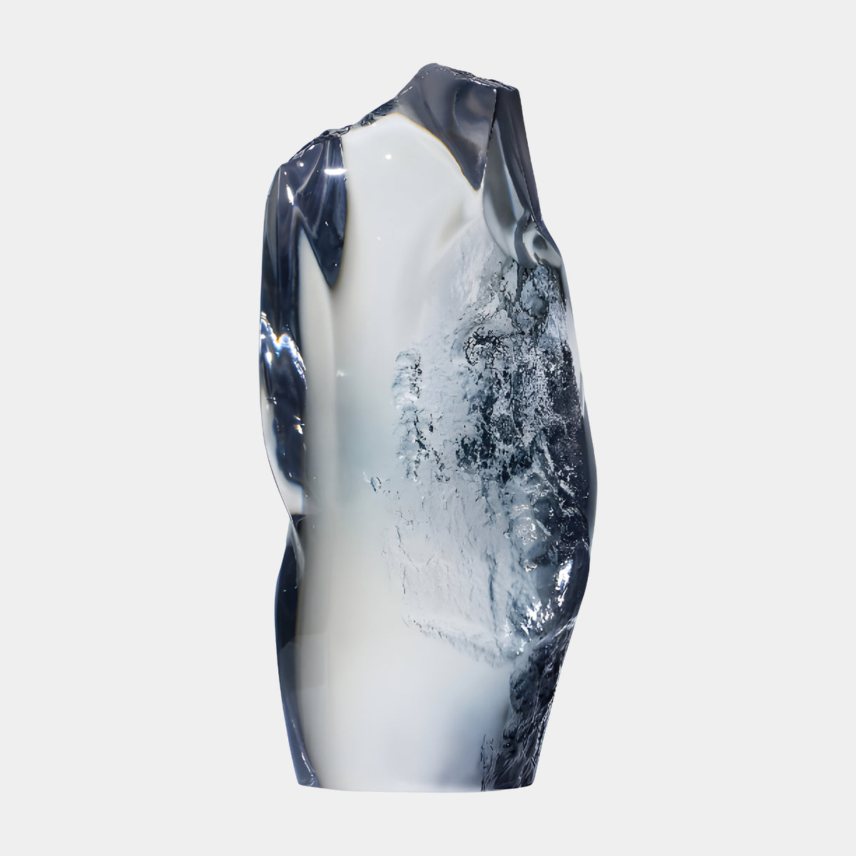 Clear & Grey Clouded Torso Resin Sculpture, 50cm, flat-cut waist with clouded grey centre and rough-to-polished texture, shown on a plain white background.