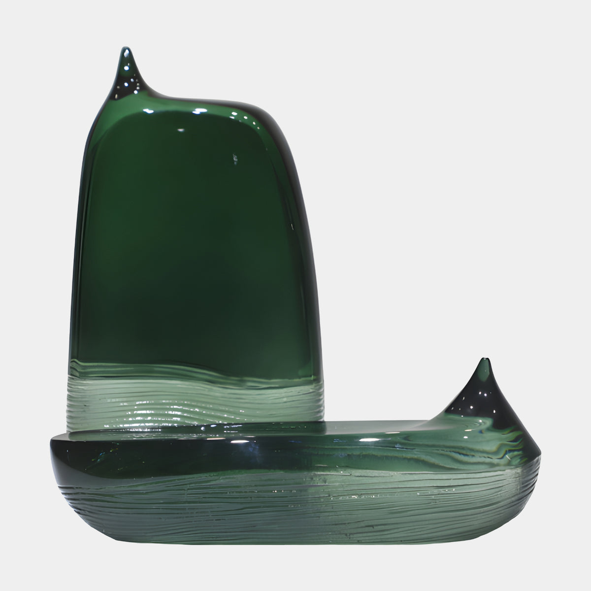 Giant Sculptures Green Striated Curl Resin Sculpture, 28cm, in standing and lying forms with curled tips and horizontal banding, on a white background.