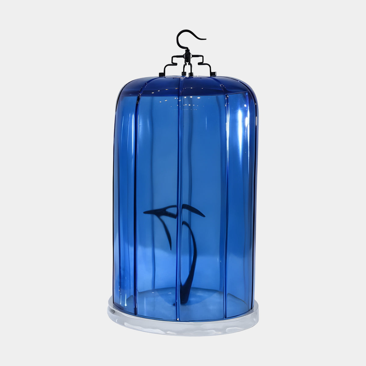 Blue Birdcage with Black Bird Hanging Sculpture, 58cm, a cobalt blue dome with a black bird silhouette inside and a clear base ring, shown on a plain white background.