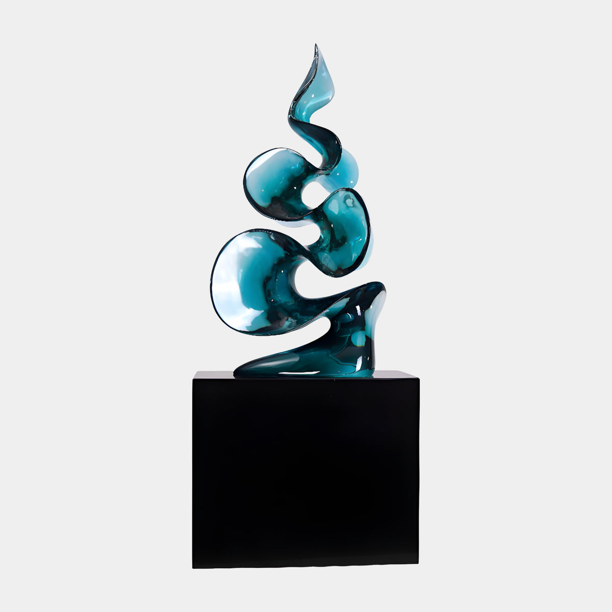 Petrol Blue Scrolling Curl Resin Sculpture, 140cm, stacked curved curls in petrol blue and white on a black marble plinth, plain white background.