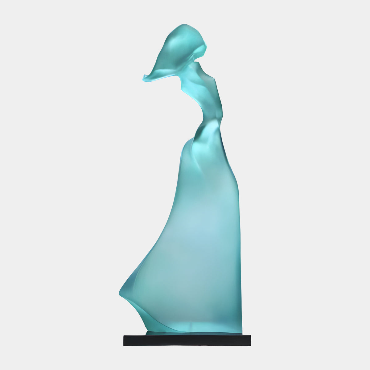 Teal Frosted Windblown Figure Resin Sculpture (190cm) in translucent teal resin with flowing draped form, set on a black marble base against a plain light grey background.