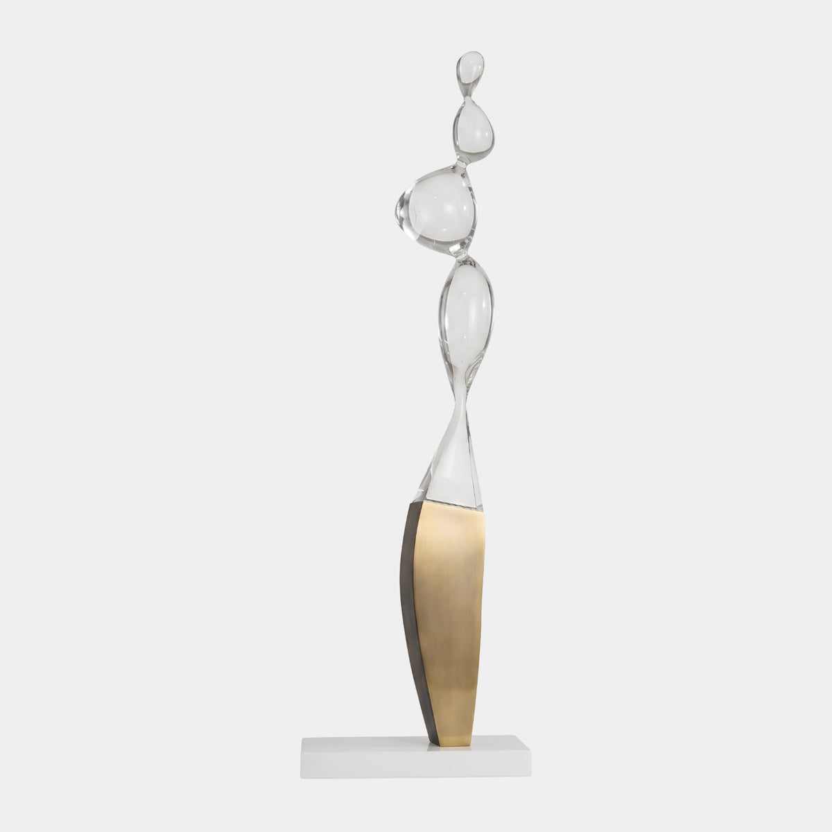 Clear Stacked Bulb Column on Gold Foot Resin Sculpture, 155cm, with resin bulbs atop a brushed gold blade-shaped foot on a white marble base, set against a plain light grey background.