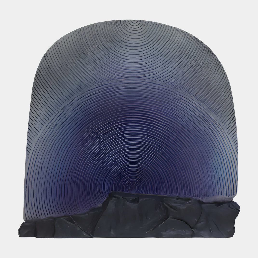 Violet & Grey Ringed Arch Resin Sculpture, 50cm, arched form with concentric rings fading from grey to violet above a rough black textured base, on a plain white background.
