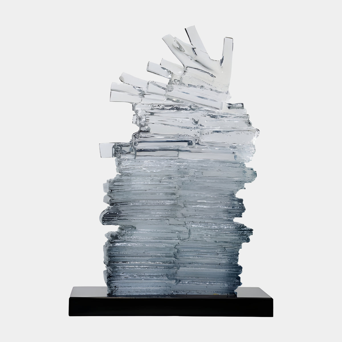 Grey & Clear Stacked Plates Resin Sculpture - 51cm, a stack of thin plates grey at the base clearing to clear points, on a black block, plain white background.