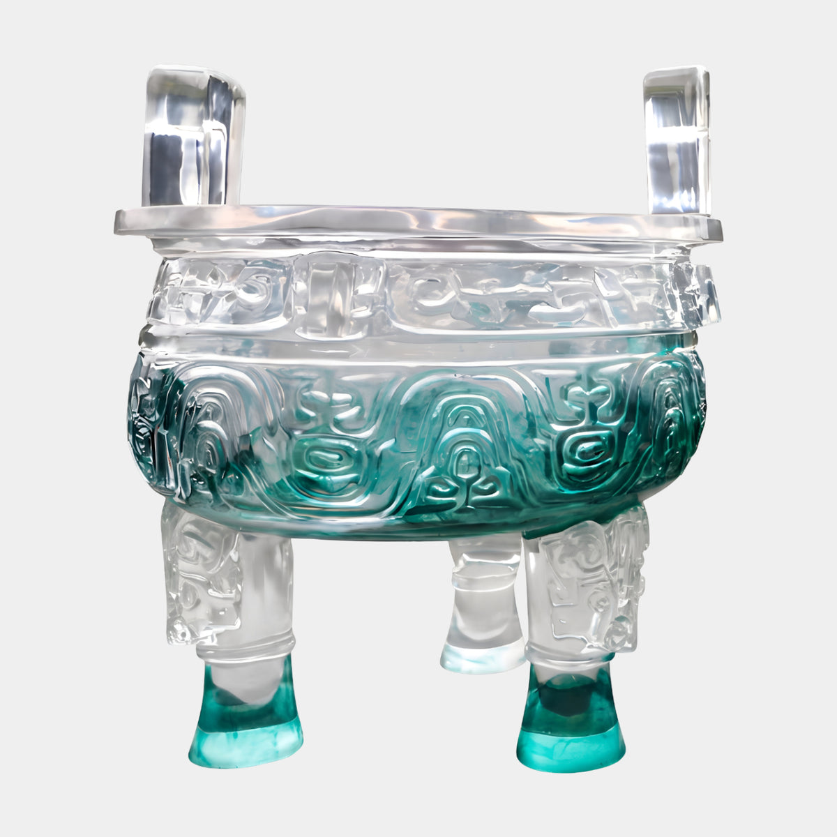 Green Ritual Vessel Resin Sculpture, 110cm, with relief-carved belly, upright rim handles, and three cast legs, clear fading to teal, on a plain light background.