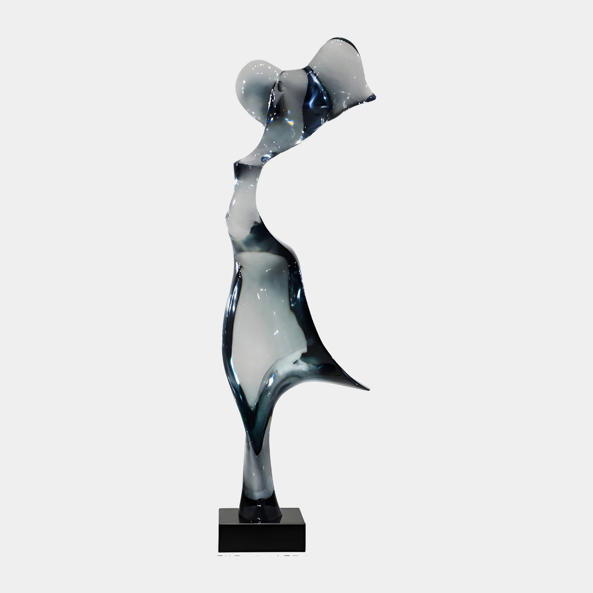 Grey & Teal Crowned Upright Resin Sculpture, 150cm, tall narrow form with lobed crown and swept skirt on a black marble base, plain white background.