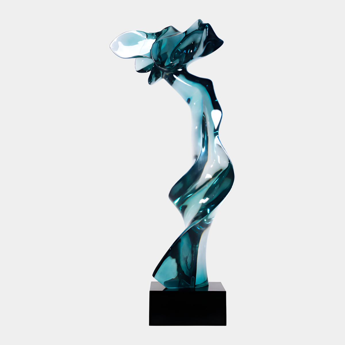 Teal Swirled Crowned Twist Resin Sculpture, 145cm, a twisting abstract figure in teal and white resin on a black marble base, set against a plain light background.