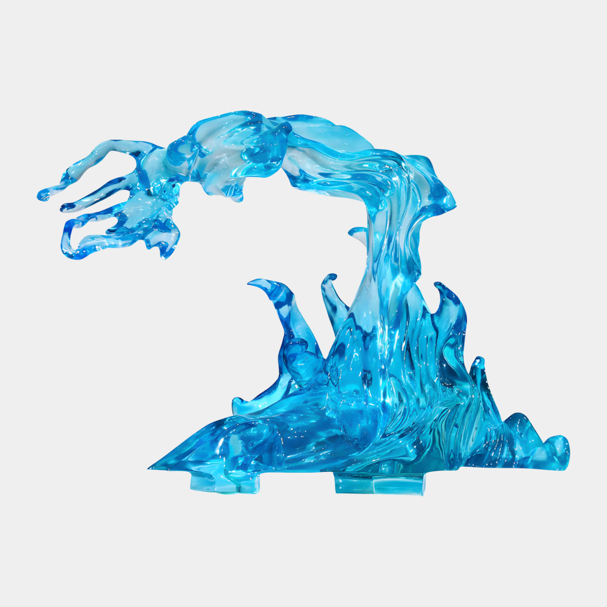 Bright Blue Curling Breaking Wave Resin Sculpture (53cm) by Giant Sculptures, showing a curled crest over pointed jets of standing water, on a plain light background.