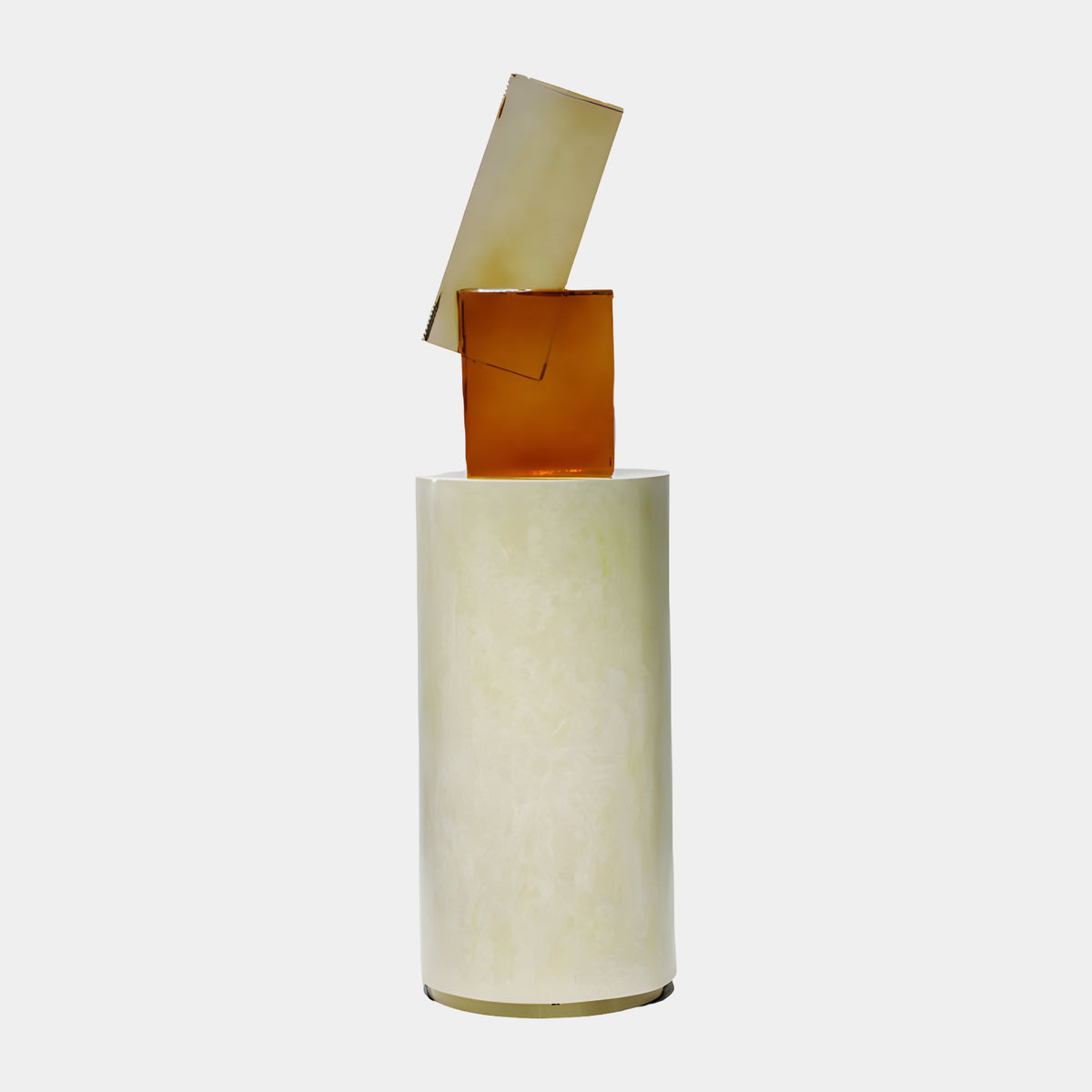 Cream & Amber Balanced Slabs Resin Sculpture, 150cm, with amber block and cream slab crossing atop a cylindrical plinth, on a plain white background.