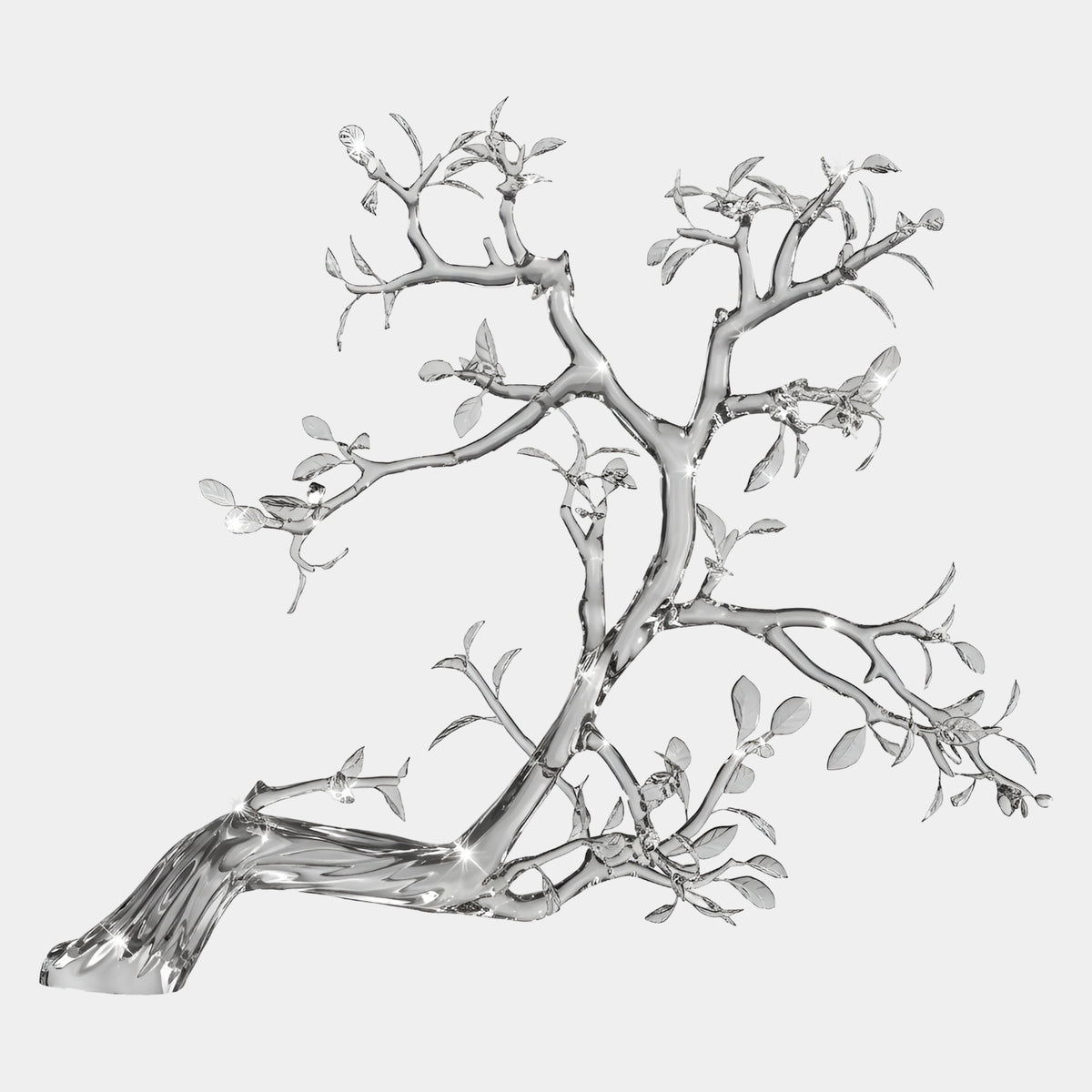 Clear Leaning Tree Resin Sculpture (150cm) by Giant Sculptures, a colourless tree with trailing roots and branching canopy, resting directly on the floor against a plain white background.