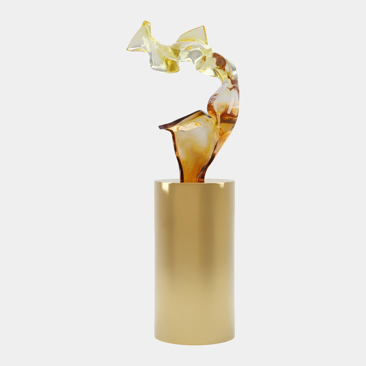 Amber Faceted Form on Metal Column Sculpture - 195cm, resin twisting shape from amber to pale yellow on a brushed gold cylinder base, plain white background.
