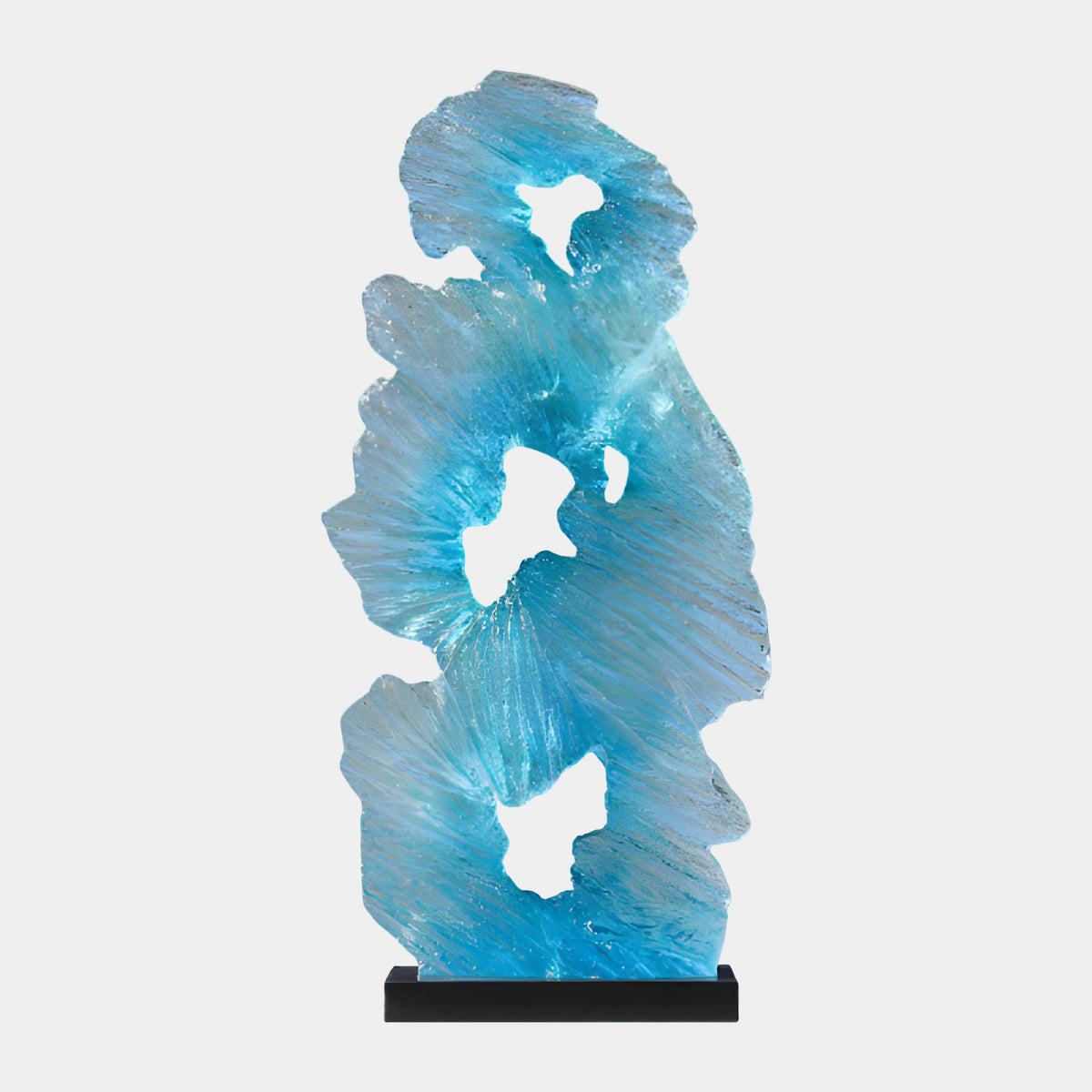Pale Blue Combed Pierced Slab Resin Sculpture, 151cm, with radiating feathered ridges and pierced openings on a black base, set against a plain white background.