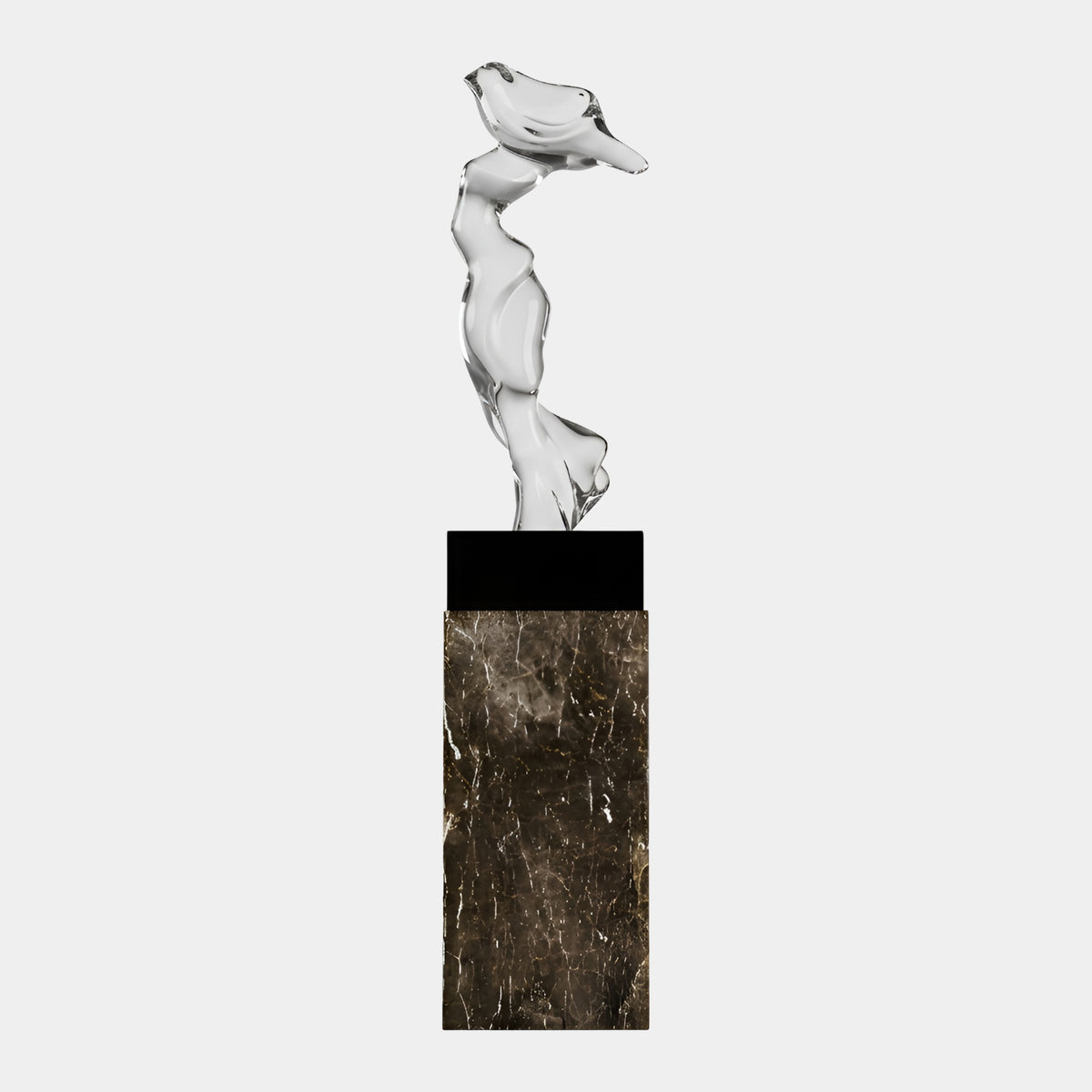 Clear Windswept Abstract Resin Sculpture on Marble Plinth - 250cm, twisting clear form on a black block atop a brown, white-veined marble plinth, plain light background.