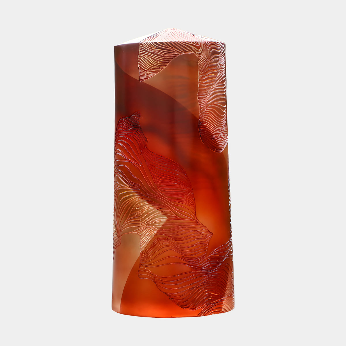 Red Engraved Column Resin Sculpture - 50cm, a square red resin column with engraved wave-like patterns on its faces, shown against a plain light grey background.