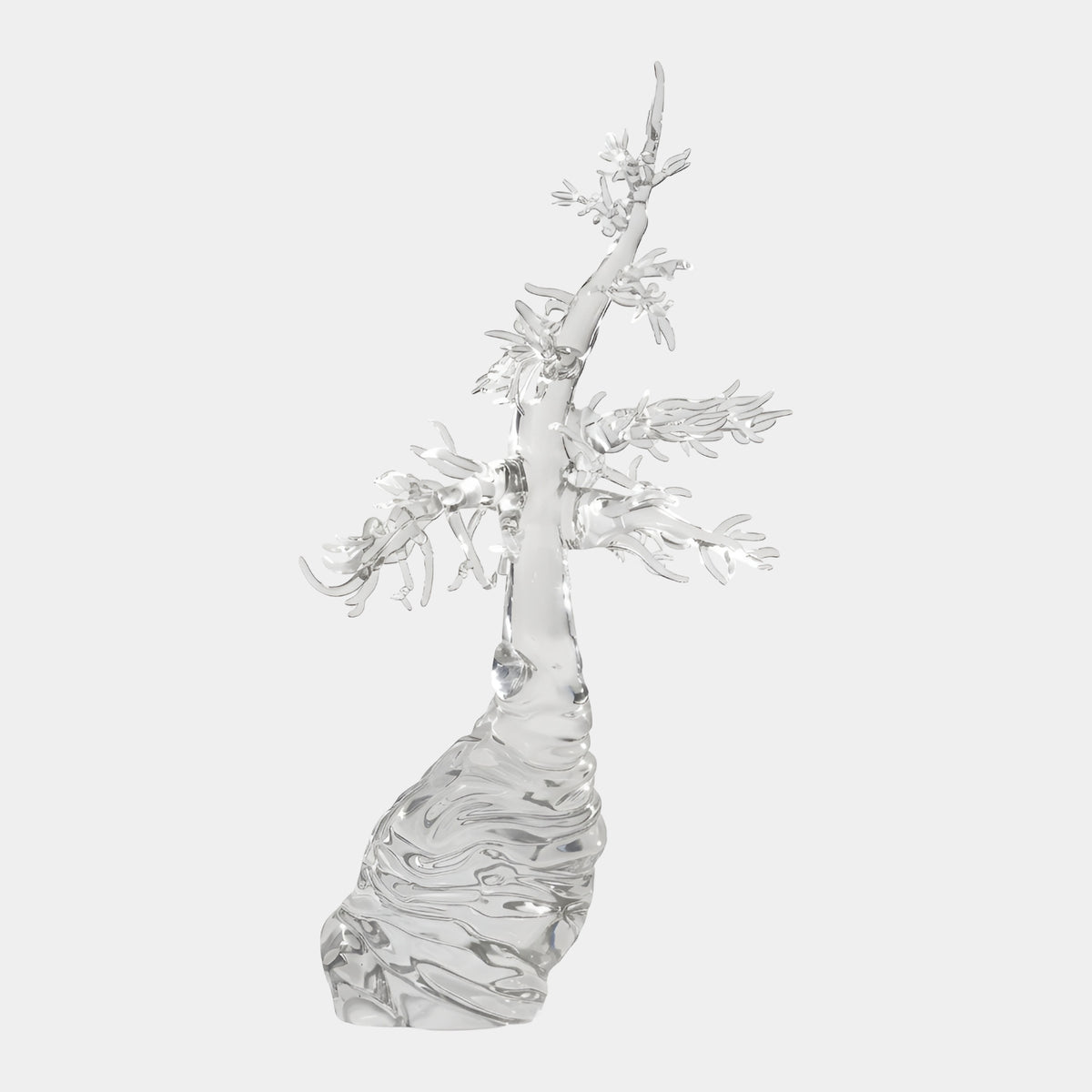 Clear Antlered Tree Resin Sculpture - 90cm by Giant Sculptures, showing a colourless resin tree with antler-like branches atop a rippled sculpted base, set against a plain white background.
