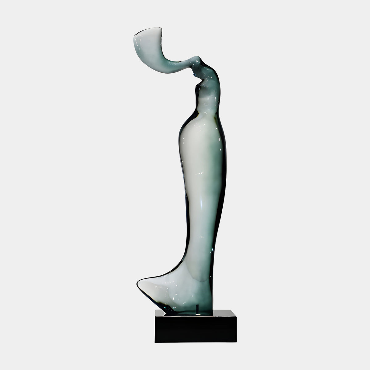 Pale Green Clouded Hooded Column Resin Sculpture, 129cm, an abstract curved form with a hooded top and flared hem on a black base, set against a plain light background.