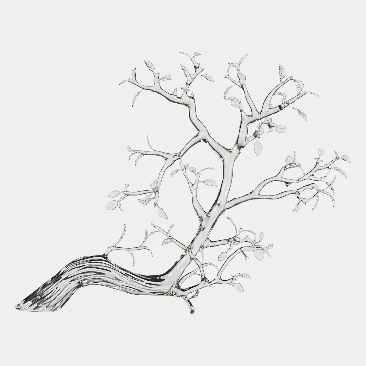 Clear Branching Tree Resin Sculpture (85cm) by Giant Sculptures, showing a leafless branching canopy rising from a flowing level root base, shown in translucent resin against a plain light background.