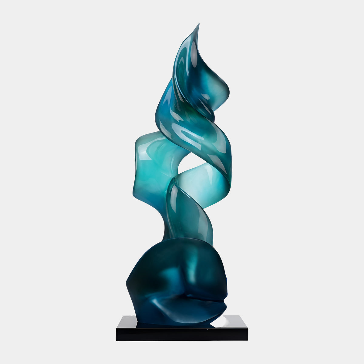 Blue & Green Matt Spiral Resin Sculpture - 99cm, a twisting ribbon rising from a rounded teal base to pale green at top, on a black marble block, shown against a plain white background.