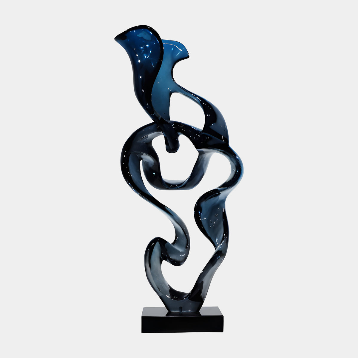 Blue Looping Band Resin Sculpture - 94cm, an abstract looping ribbon form in deep blue resin on a square black marble base, shown against a plain white background.