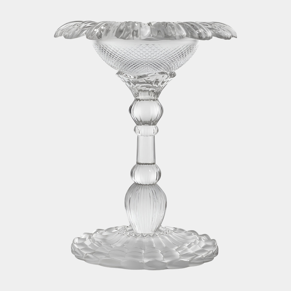 Clear Lattice-Cut Footed Dish Resin Sculpture, 112cm, with diamond-cut bowl, ruffled rim, fluted stem, and scalloped foot, shown on a plain white background.
