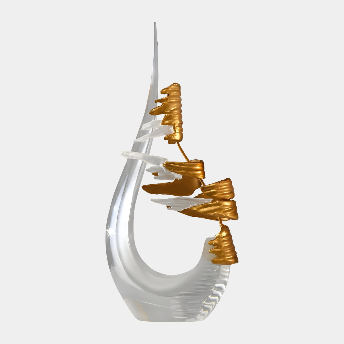 Clear & Gold Hook Resin Sculpture - 60cm, a curved clear resin hook with gold shard accents along its inner curve, standing on a ribbed foot against a plain white background.