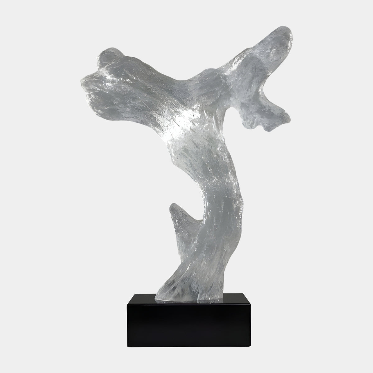 Clear Branching Form Resin Sculpture (55cm) with rough-textured, colourless branching arms on a black rectangular base, shown against a plain light grey background.