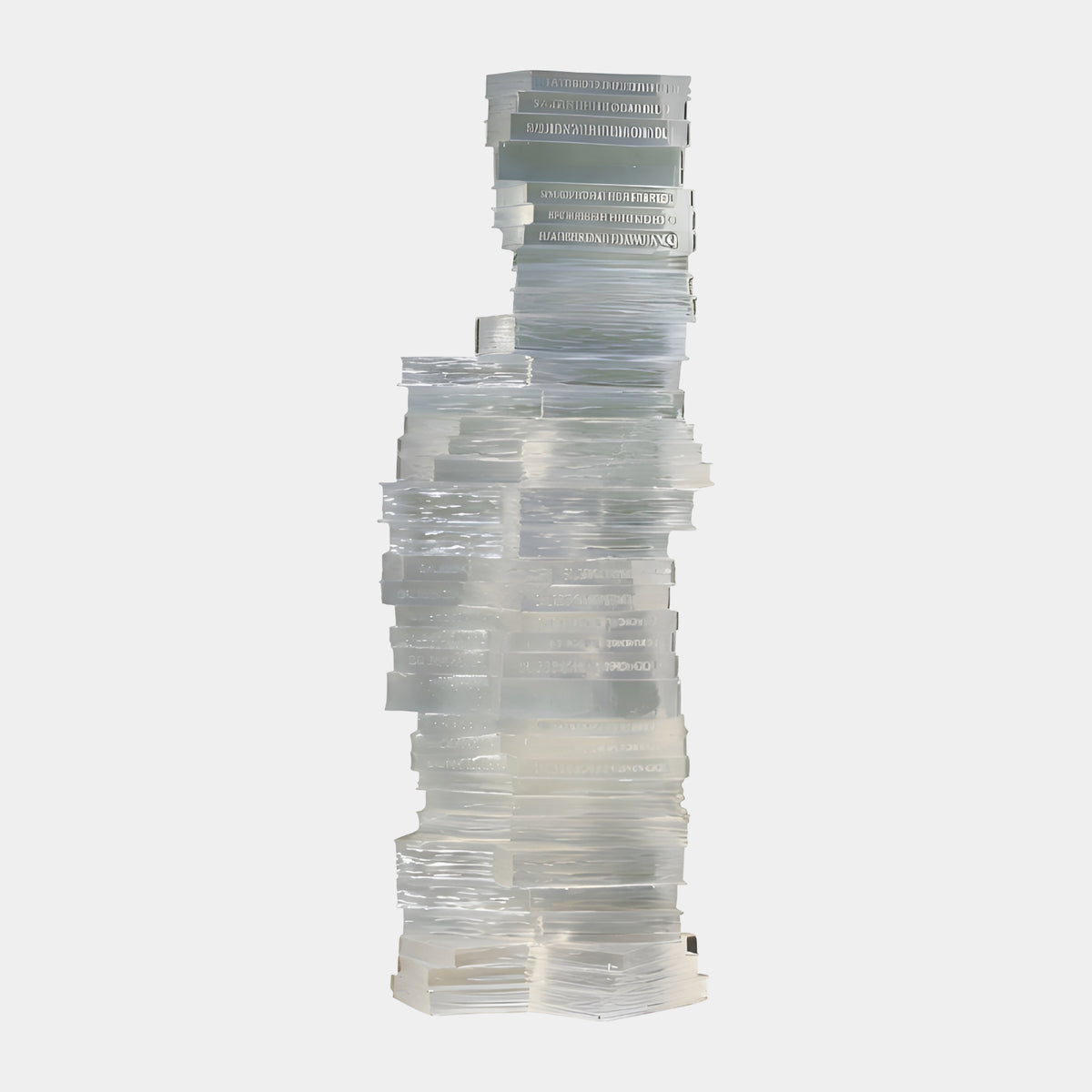 Clear Stacked Book Tower Resin Sculpture (139cm) by Giant Sculptures, clear resin books stacked askew with spine lettering, shown against a plain white background.