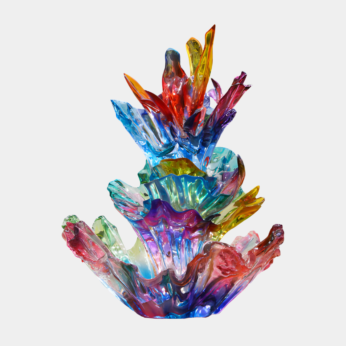 Multicoloured Coral Burst Resin Sculpture - 120cm, with glowing fronds rising from a dense base in rainbow hues, shown on a plain white background.
