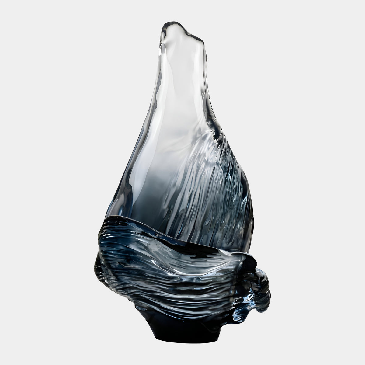 Clear Rippled Bud Resin Sculpture (171cm) by Giant Sculptures, a tapered form with a smooth crown above rippled, wave-like texture on a black square base, shown against a plain light grey background.