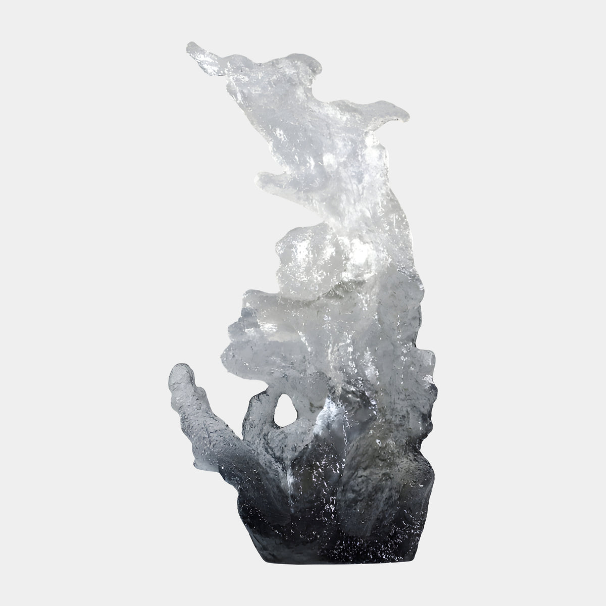 Black & Clear Graded Rock Resin Sculpture, 75cm, rising from a dark base to a clear, jagged crown, shown on a plain white background.