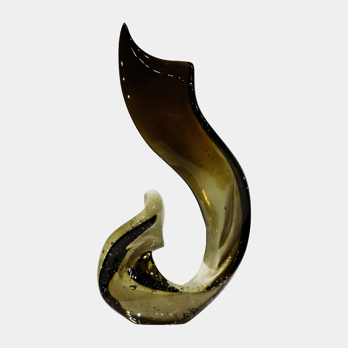 Brown & Black Inked Flame Resin Sculpture, 65cm, a curved flame-like form rising from a tight inner curl with dark ink detail, on a plain white background.