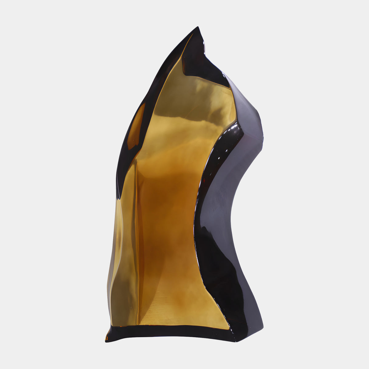 Amber & Black Furled Form Resin Sculpture - 78cm, a curled abstract piece with glossy black outer edges and a warm amber inner face, shown on a plain white background.